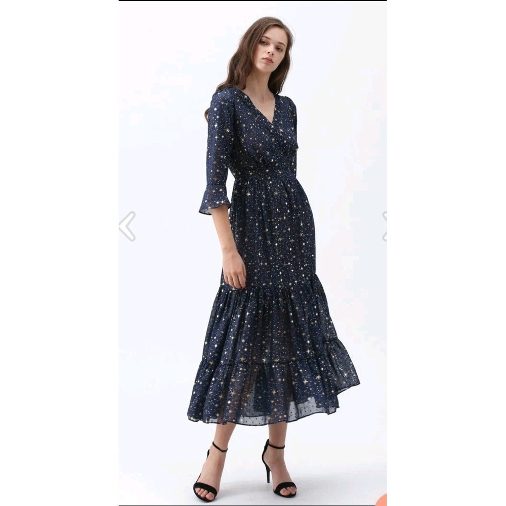Chicwish Womens XL Blue Gold Star Constellation Tiered Celestial Maxi Dress Boho